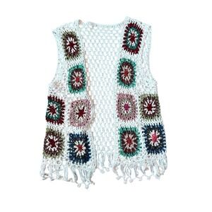 Crochet Granny Square Fringe Vest Boho Cream Multi Color Sleeveless Sz M